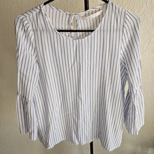 ZARA White and Blue Striped Bell 3/4 Sleeve Blouse (Size M)